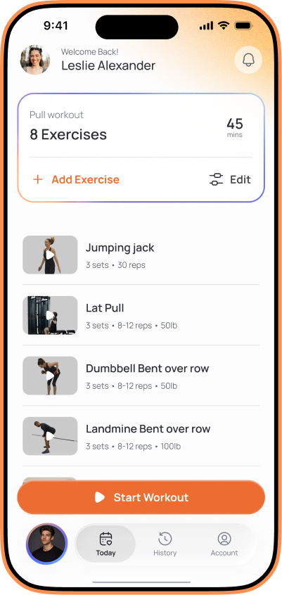 Mobile fitness app workout screen showing exercise list and start workout button
