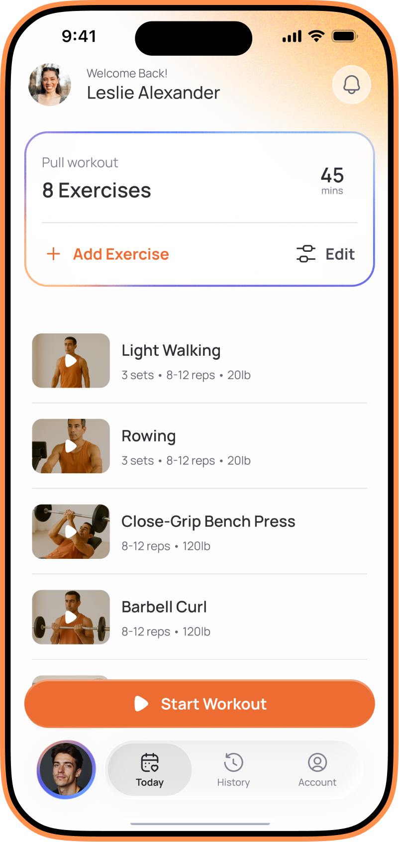 Mobile fitness app workout screen showing exercise list and start workout button