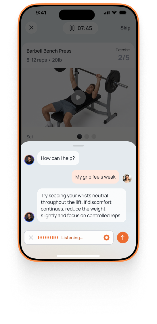 SwipeHealth coach chat during a workout