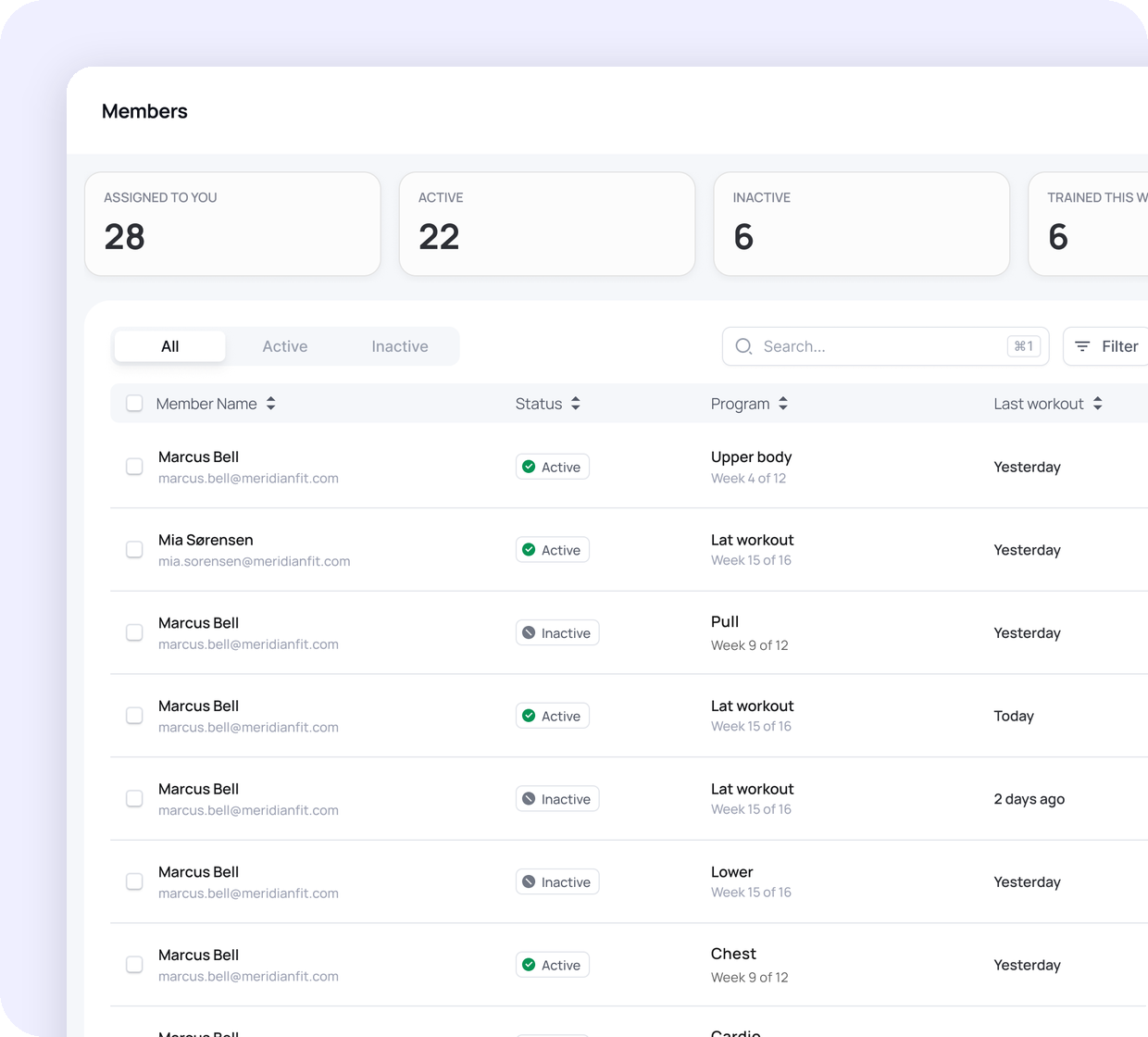 SwipeHealth practitioner portal Members view with each client's status, current program and last workout