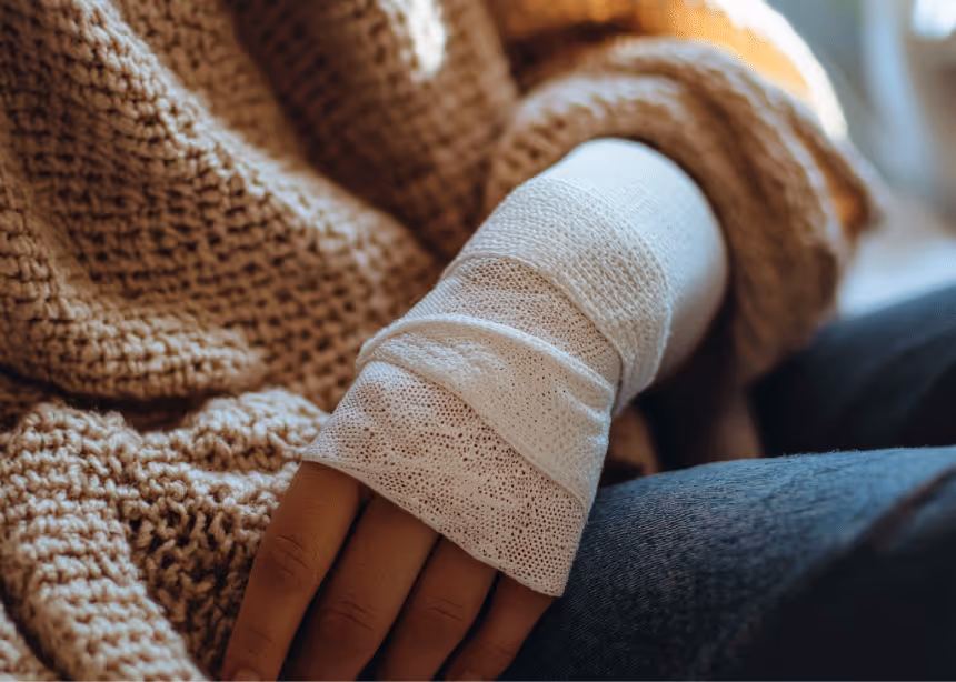 Main gauche avec un bandage blanc enveloppant le poignet, posée sur une couverture en tricot marron.