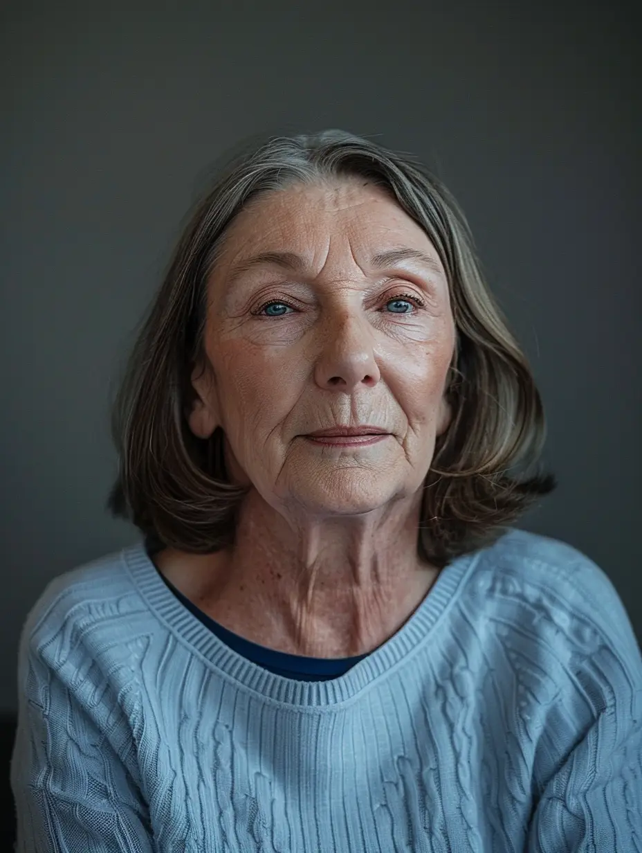 Portrait of a serious elderly woman with blue eyes and gray hair wearing a light blue sweater against a dark background.