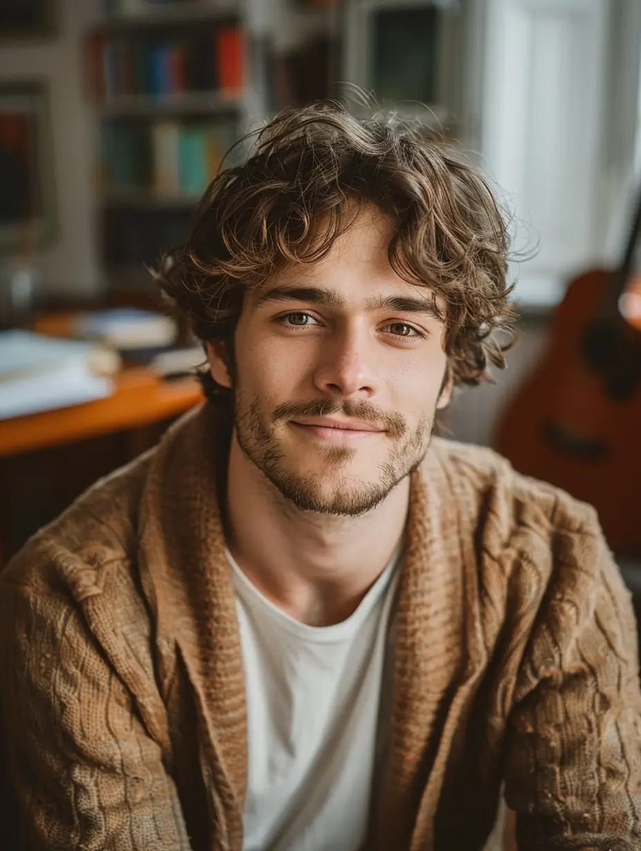 Young man with curly hair and light beard wearing a brown knitted cardigan and white shirt, smiling in a cozy room with books and a guitar in the background.