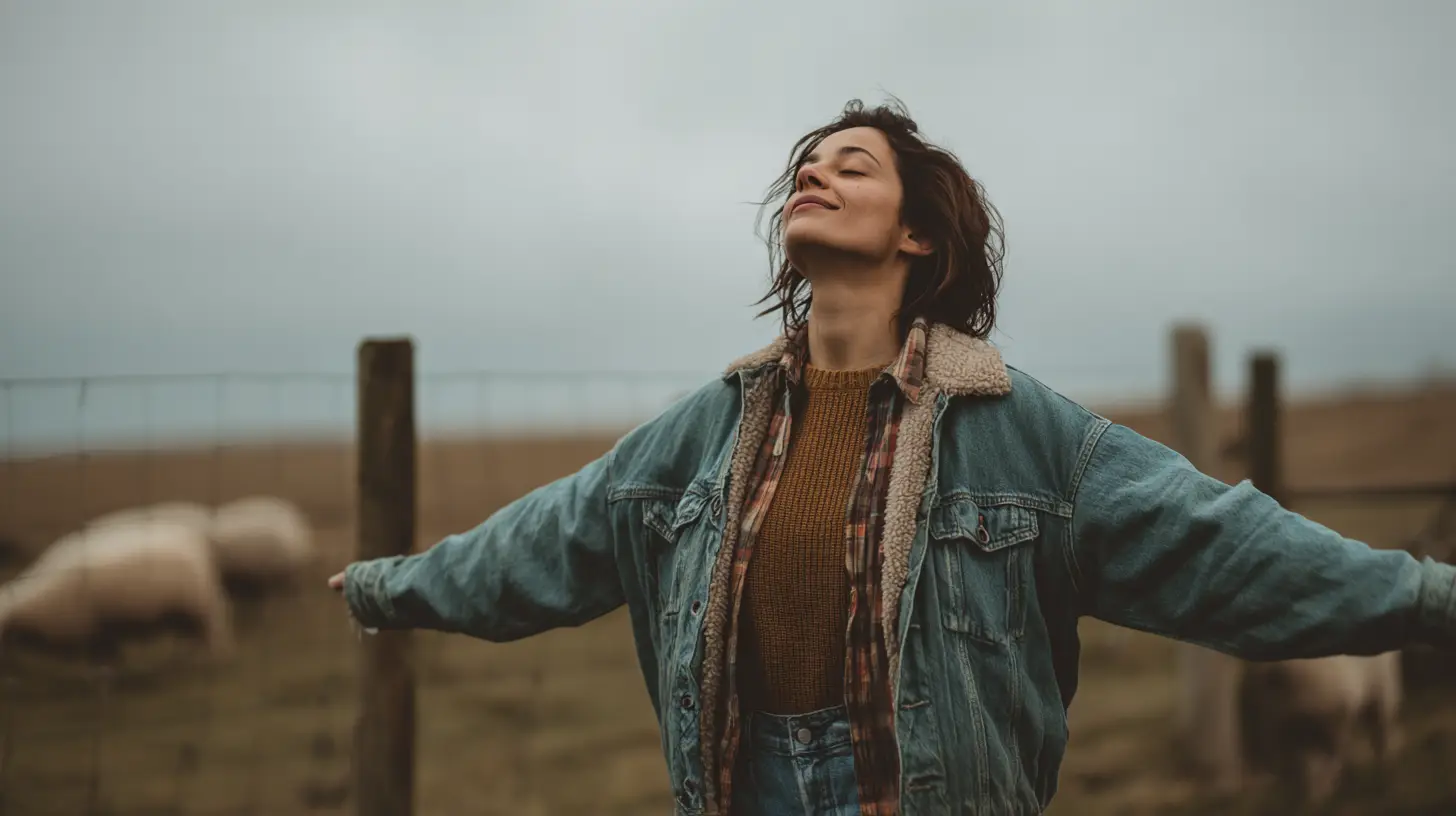 Woman standing outdoors with arms outstretched, eyes closed, wearing a denim jacket and sweater, with sheep and a fence in the background.