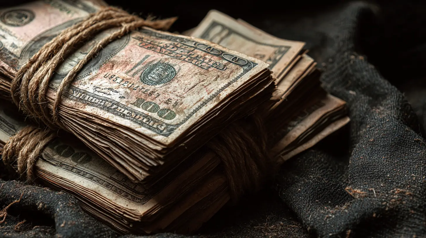 Bundles of worn and dirty US 100-dollar bills tied with coarse rope on dark fabric.