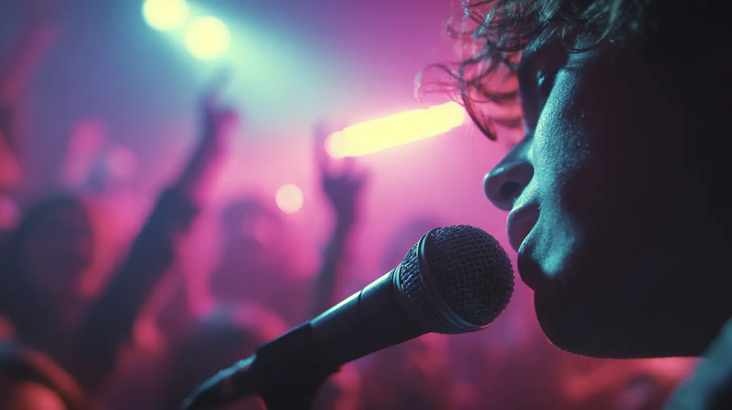 Close-up of a person singing into a microphone with a colorful, blurred crowd in the background.