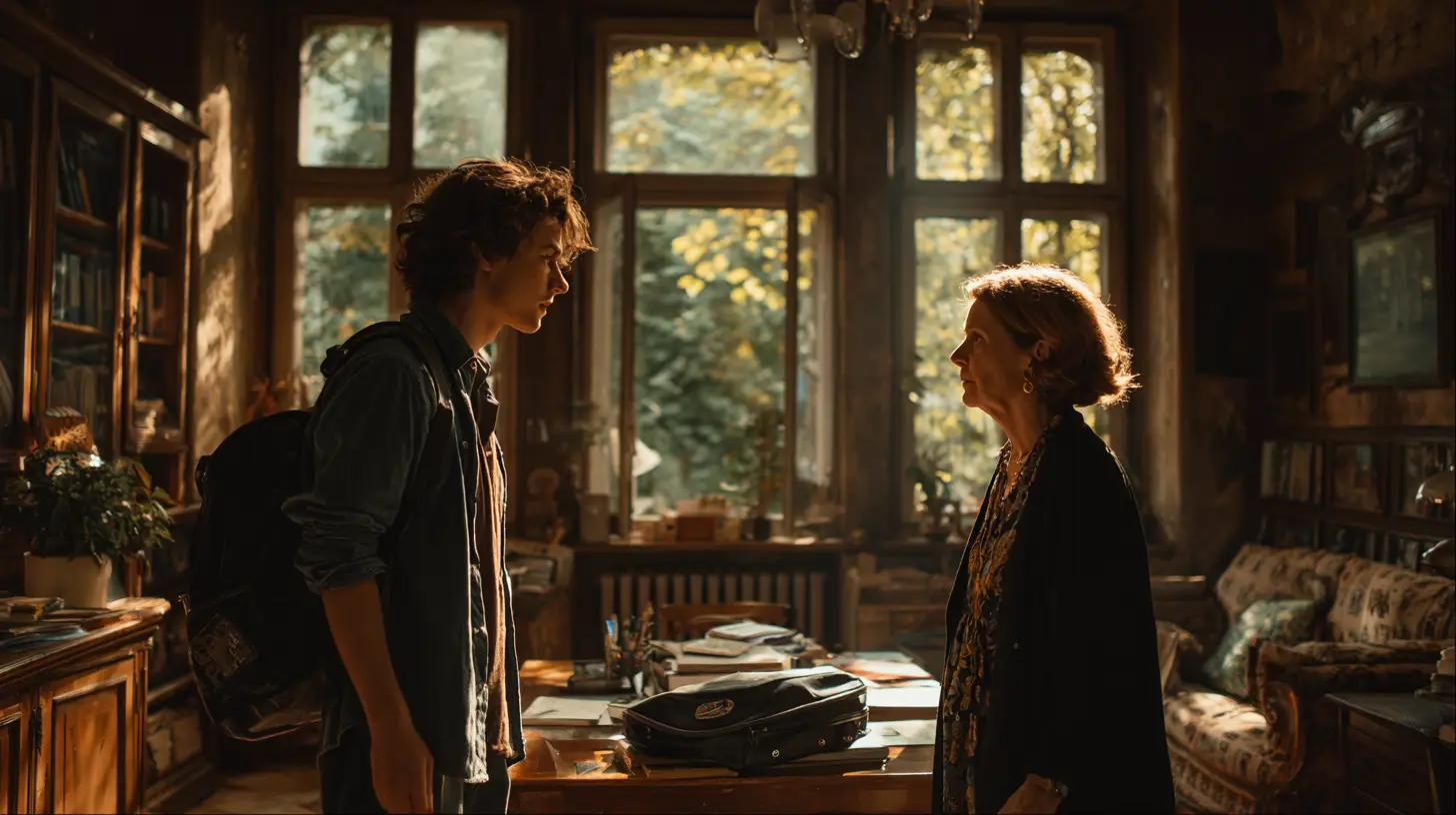 Young man with a backpack and an older woman standing facing each other in a warmly lit, cozy room with large windows and wooden furniture.