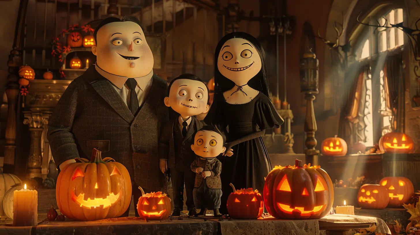Animated spooky family of four standing behind a table with illuminated jack-o'-lanterns in a dimly lit, Halloween-themed room.