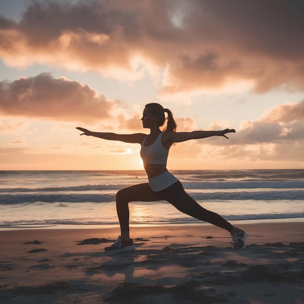 Woman practicing yoga on beach representing wellness and longevity