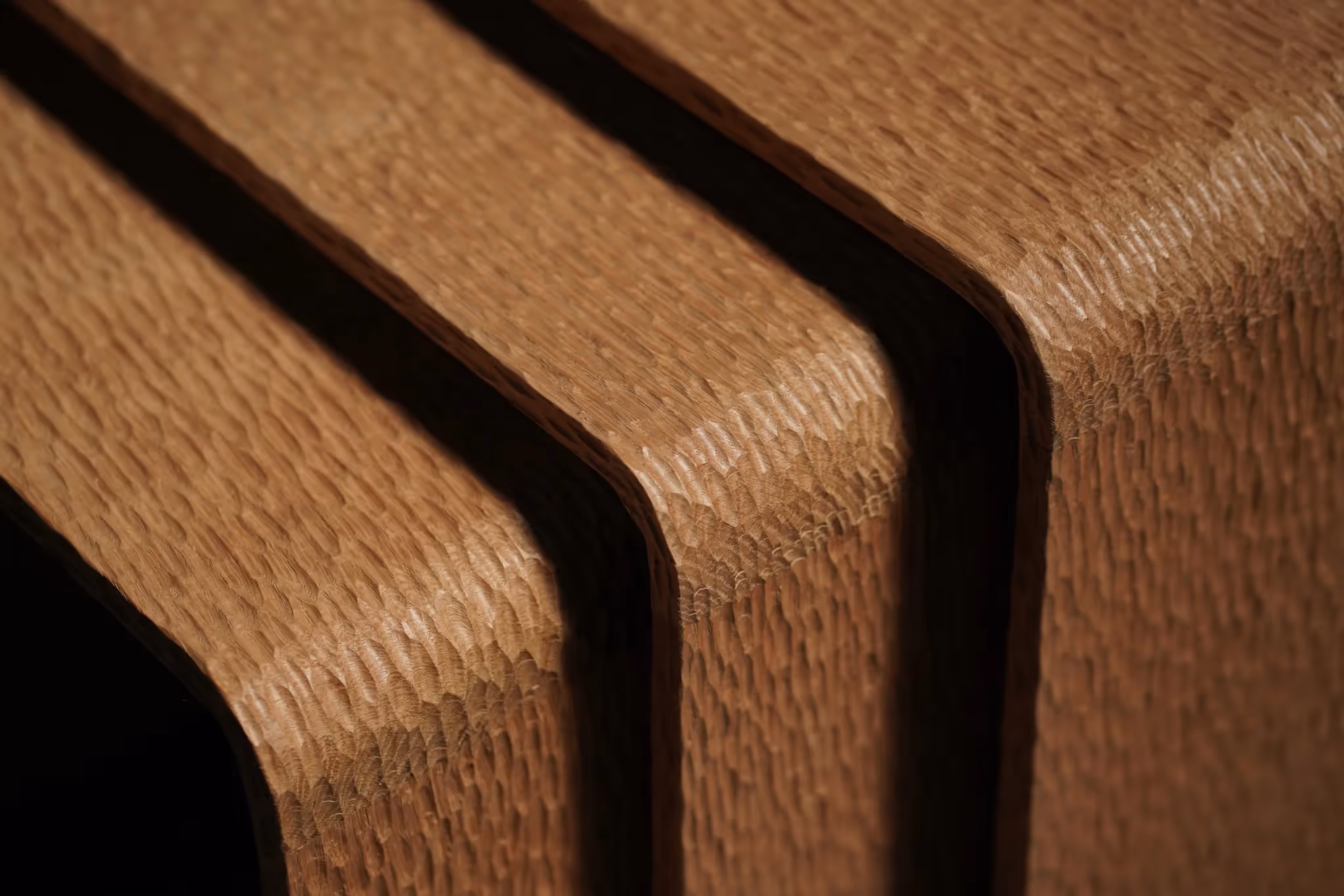 Adze Nesting Tables detail, hand-carved center-cut white oak