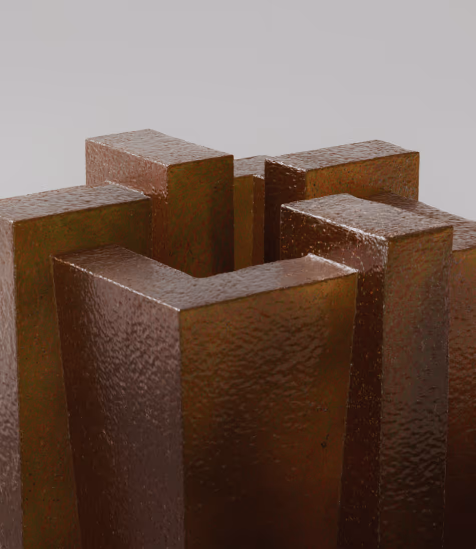 Close-up of the Monolith vase in ochre with geometric rectangular protrusions.