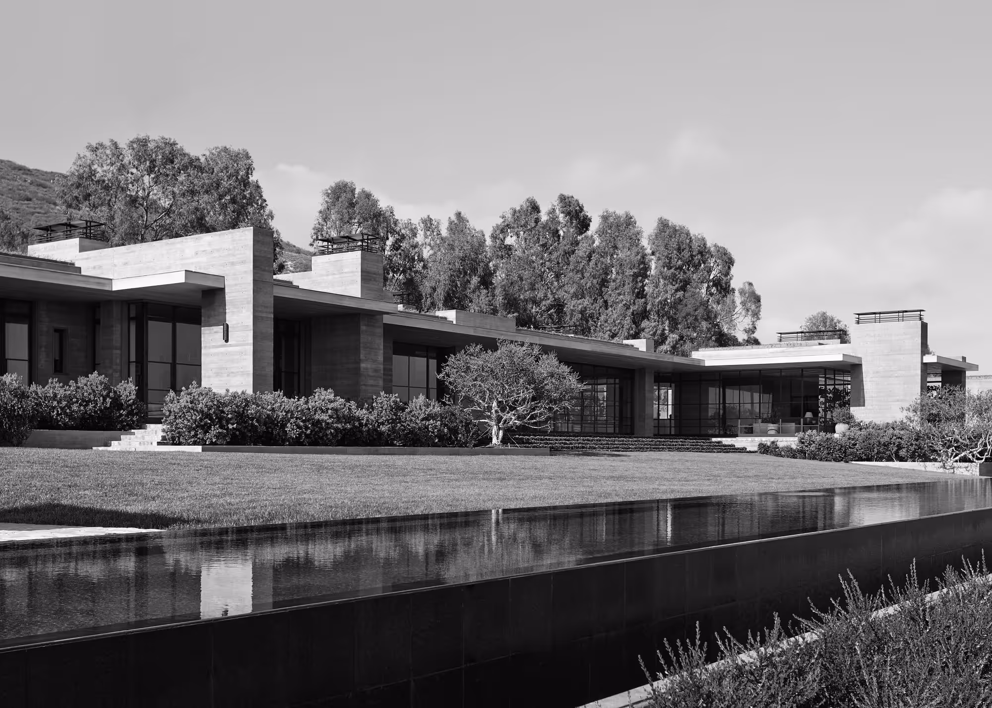 Modern house by Scott Mitchell with large windows, surrounded by bushes, trees, lawn, and reflecting pool in front.