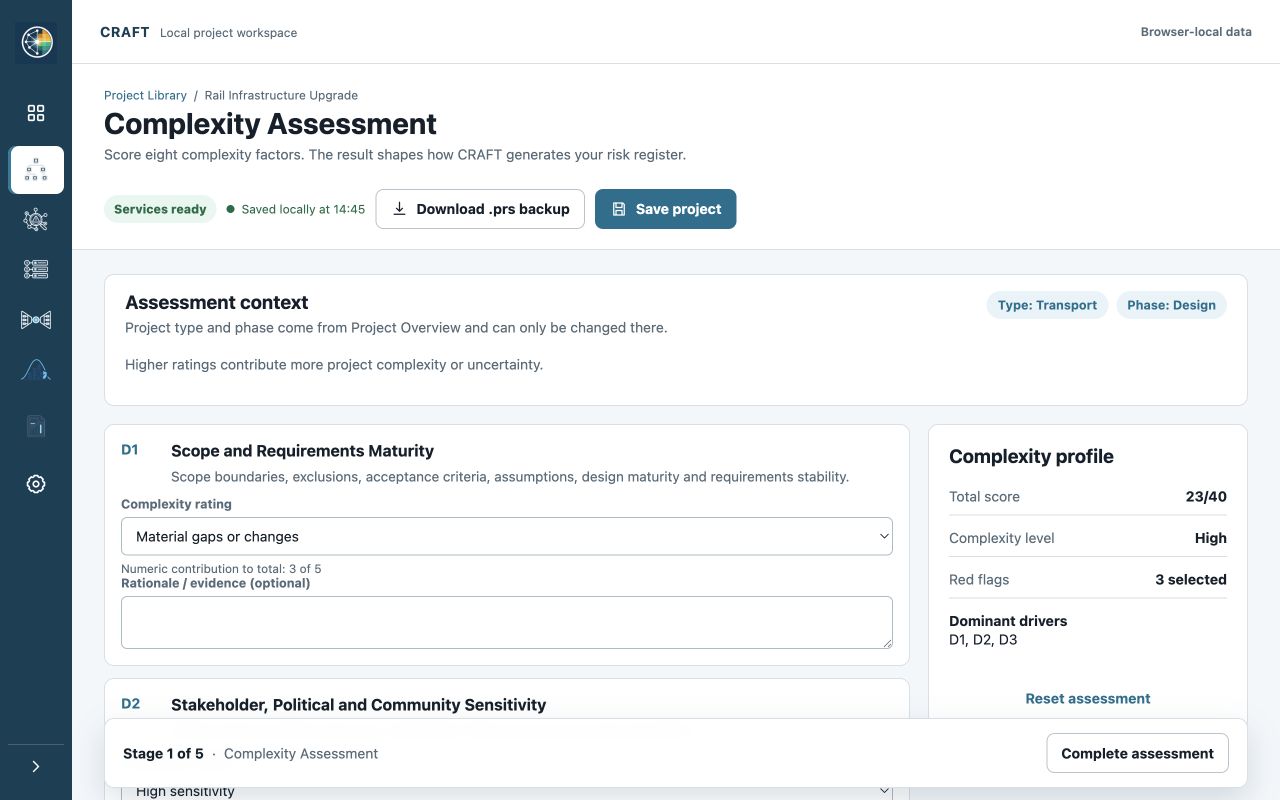CRAFT Project Complexity assessment showing generic dimension scores and complexity drivers