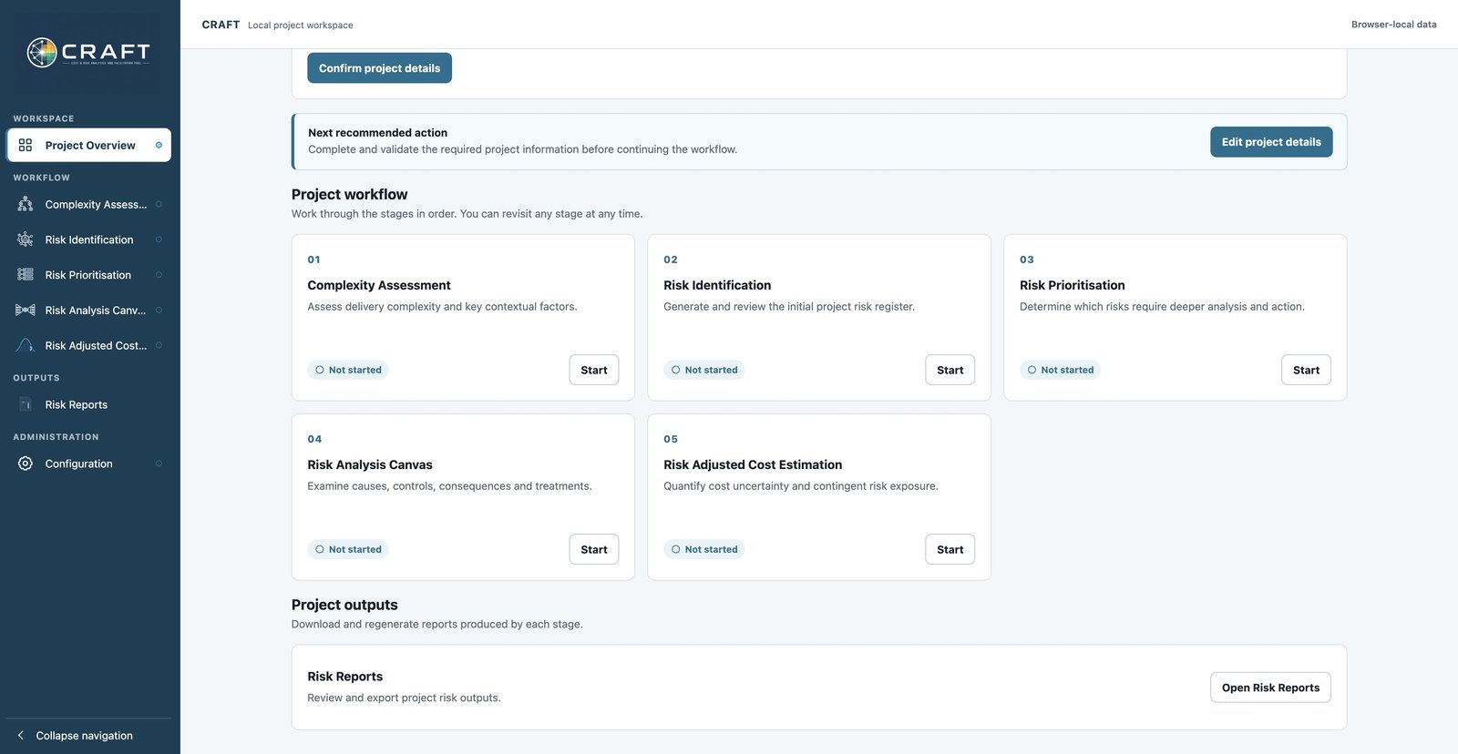 CRAFT Project Overview showing a generic project and the complete navigation workflow