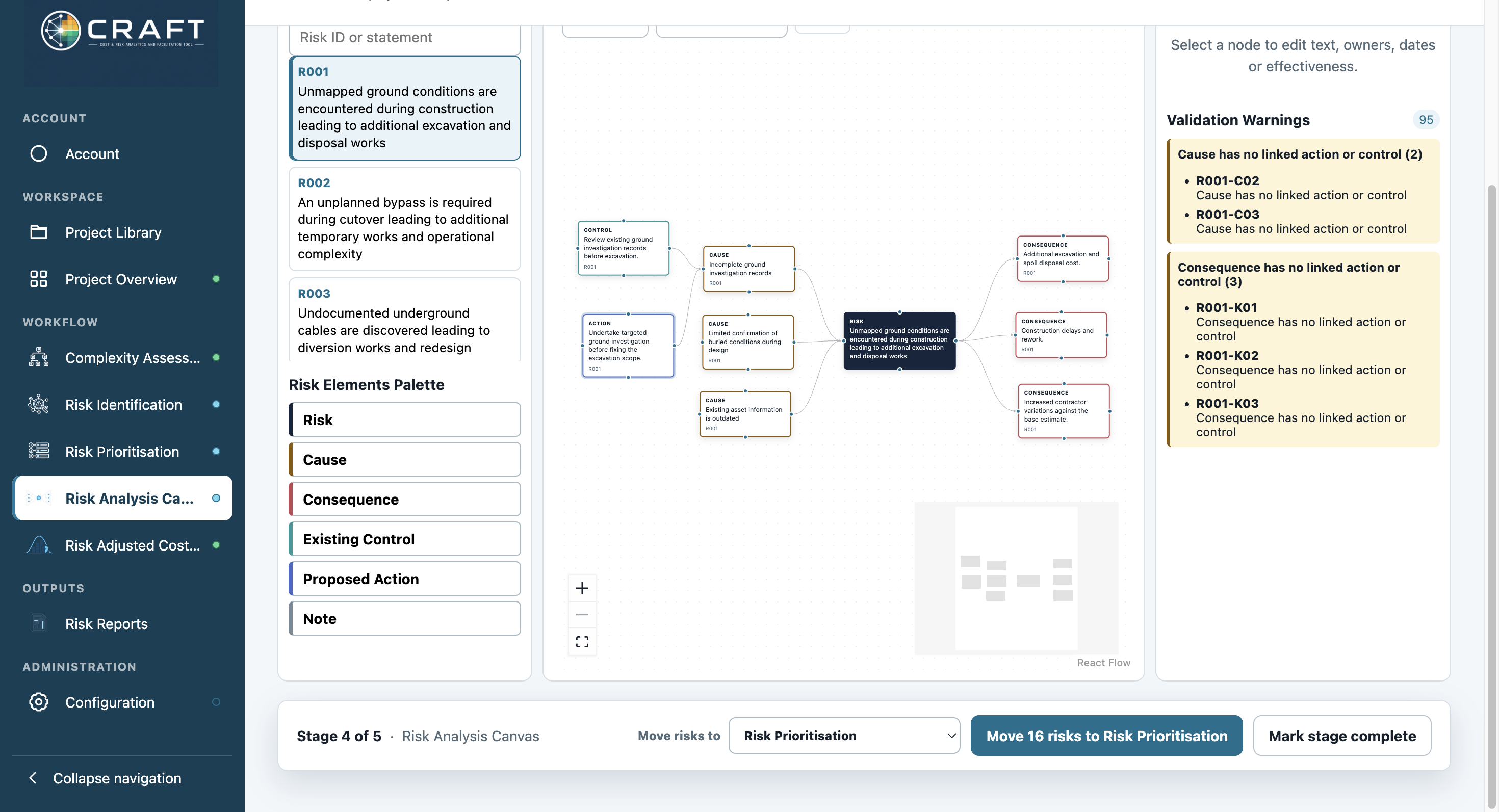 Connect controls and actions to the causes they address; assign owners in Node Details.