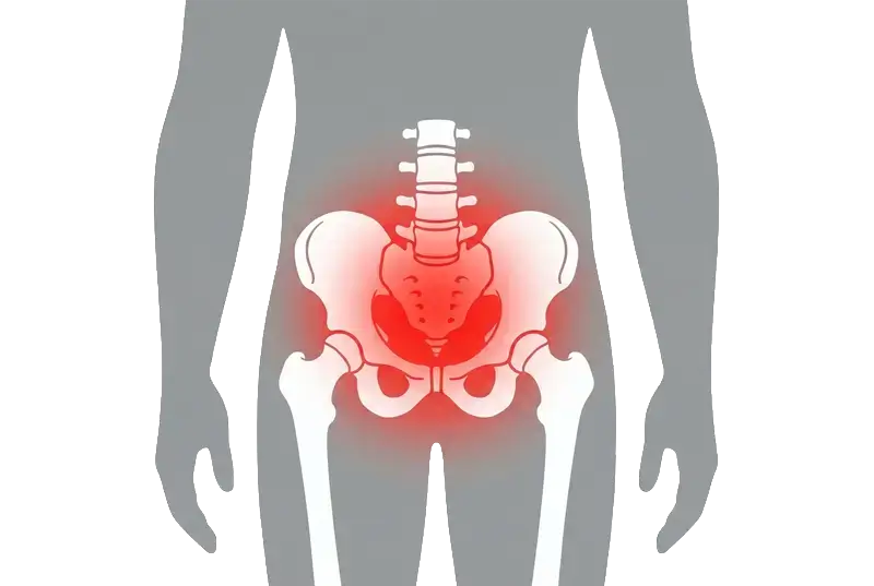 Illustration of human pelvis and hip bones with red highlighting lower back and hip area pain.
