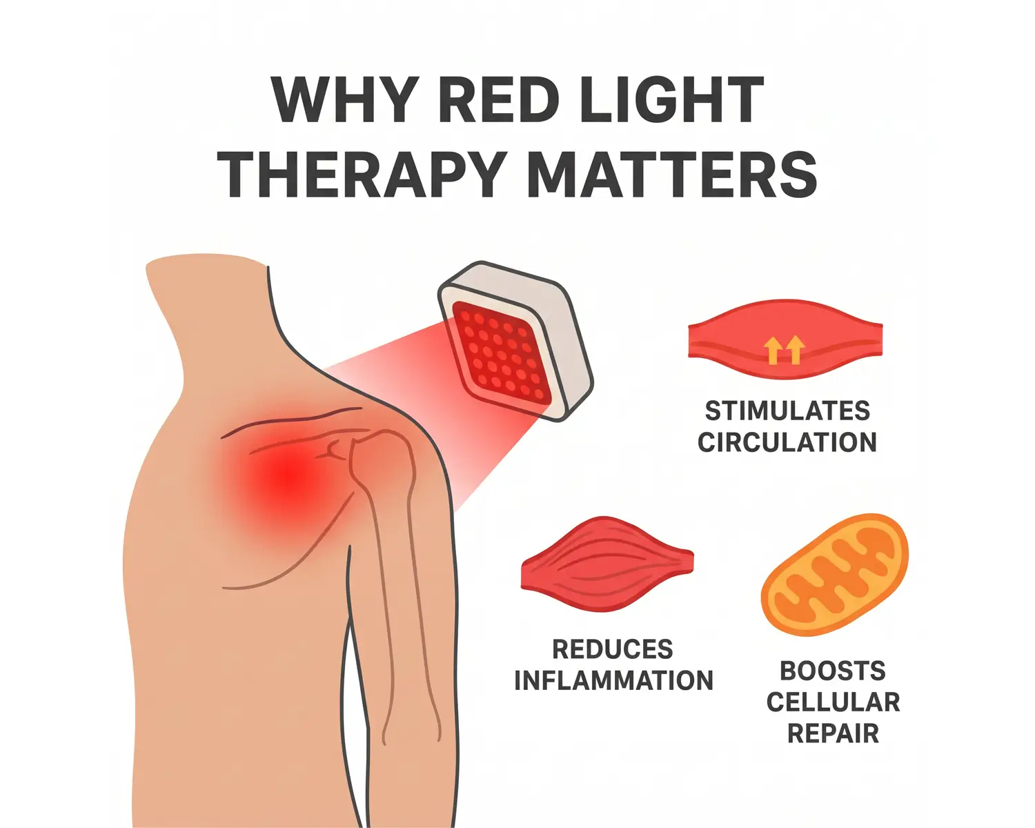 Illustration showing red light therapy applied to a person's shoulder with a red light device and a red glow on the shoulder. Text highlights that red light therapy stimulates circulation, reduces inflammation, and boosts cellular repair with corresponding icons of a muscle with arrows, a muscle, and a mitochondrion.