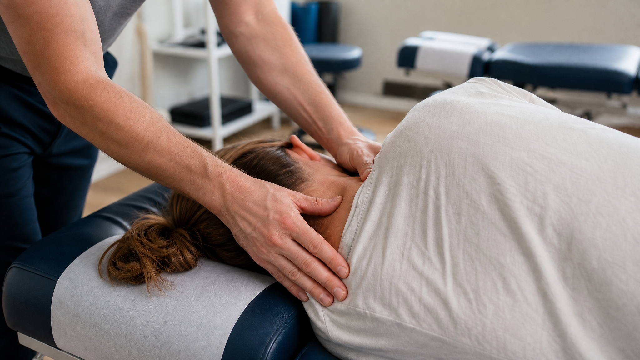 Chiropractor treating a patient's neck on a treatment table