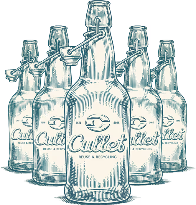 Illustration of five vintage-style glass bottles labeled 'Cullet Reuse & Recycling' arranged in a staggered row.