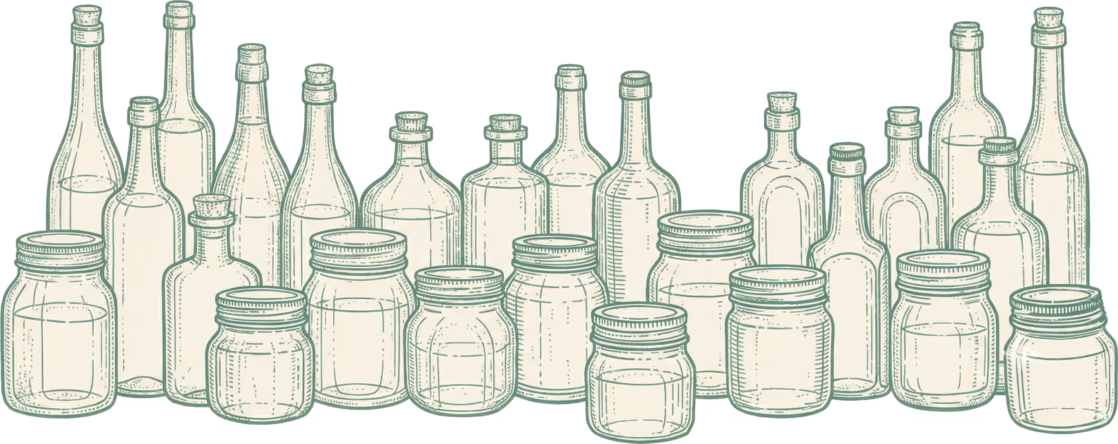 Line drawing of various empty glass bottles and jars of different shapes and sizes arranged in two rows.