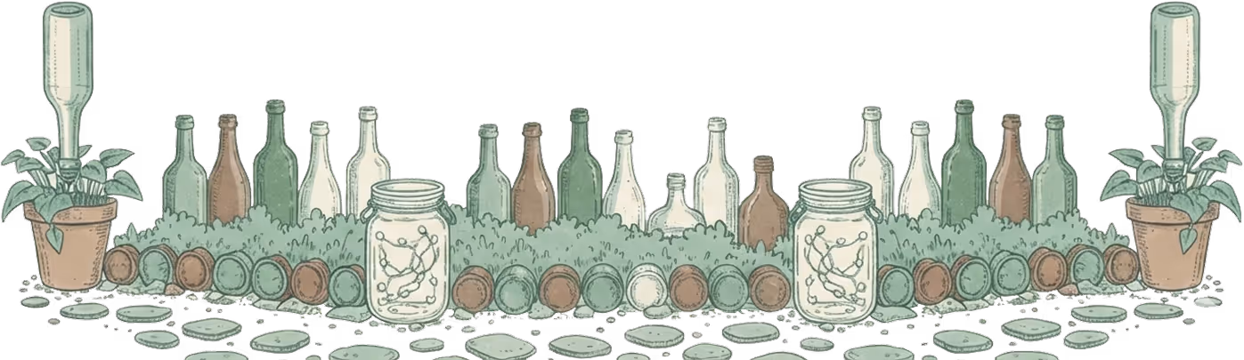Illustration of a garden setup featuring rows of empty glass bottles, two potted plants with inverted bottles watering them, two jars with plant roots inside, surrounded by green bushes and scattered stone pavers.