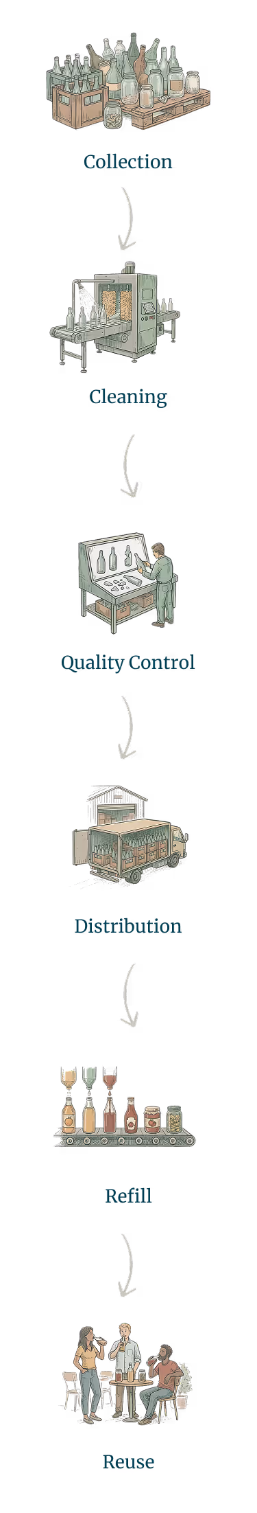Illustrated infographic showing stages of bottle reuse: collection of used bottles, automated cleaning machine, quality control inspection by a worker, distribution truck loaded with bottles, bottle refill on a conveyor belt, and people drinking from reused bottles at a table.
