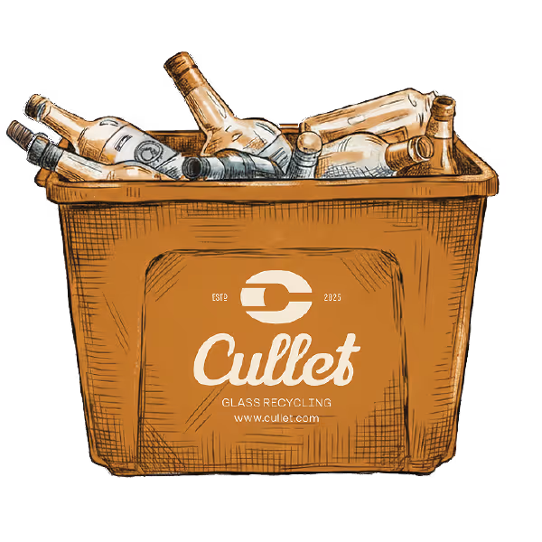 Brown recycle bin labeled 'Cullet Glass reuse & recycling' filled with empty glass bottles.