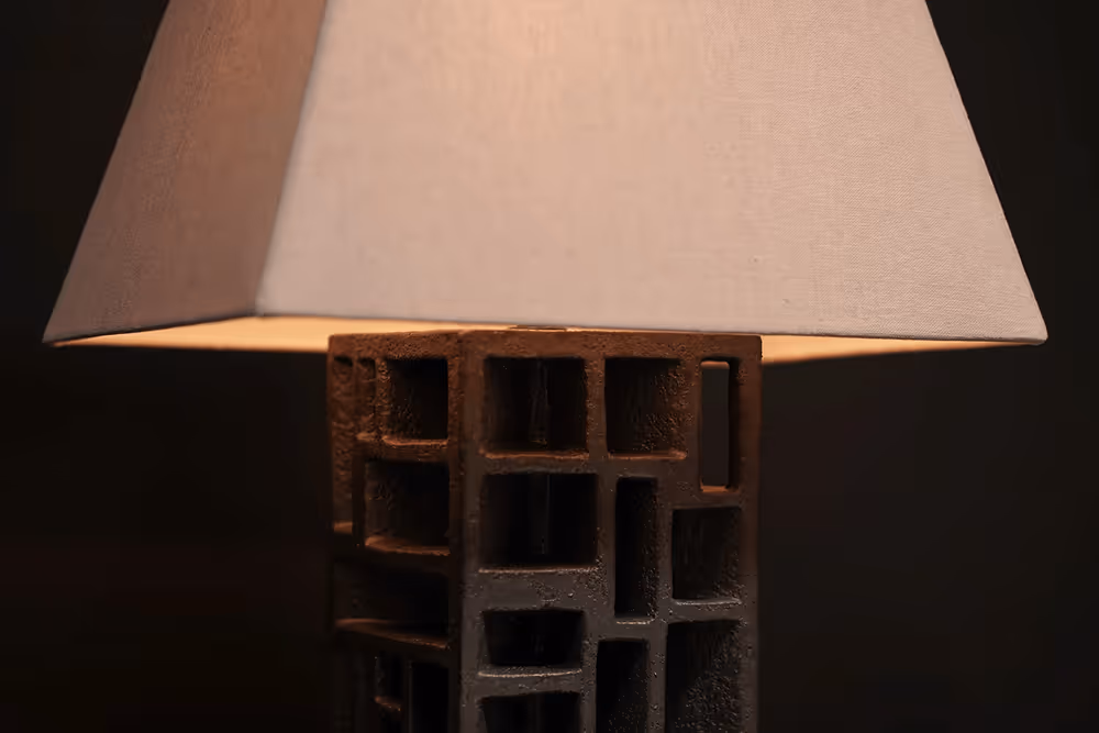 Ashlar Ceramic Lamp base closeup, hand-carved solid ceramic