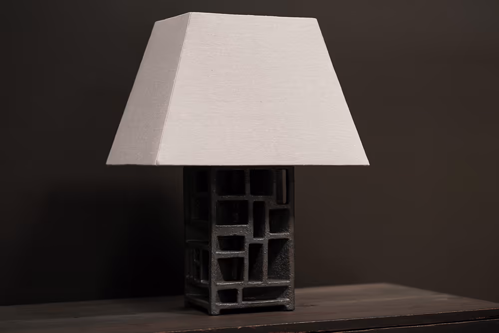 Ashlar Ceramic Lamp, side view showing carved ceramic base