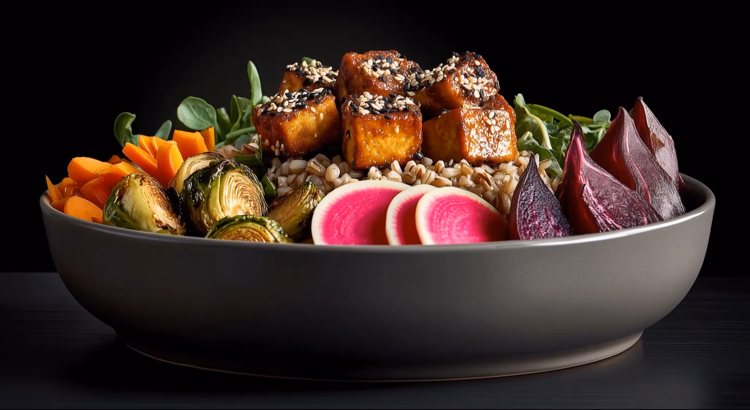 A hearty plant-based bowl with sesame-glazed tofu, roasted Brussels sprouts, watermelon radish, carrots, and brown rice.