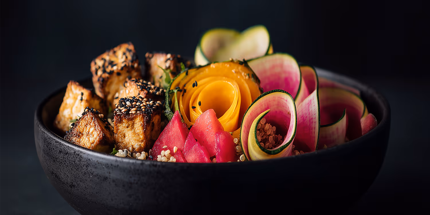 An artfully plated plant-based bowl with crispy tofu, ribboned zucchini, watermelon radish, golden beet, and sesame seeds in a matte black bowl.