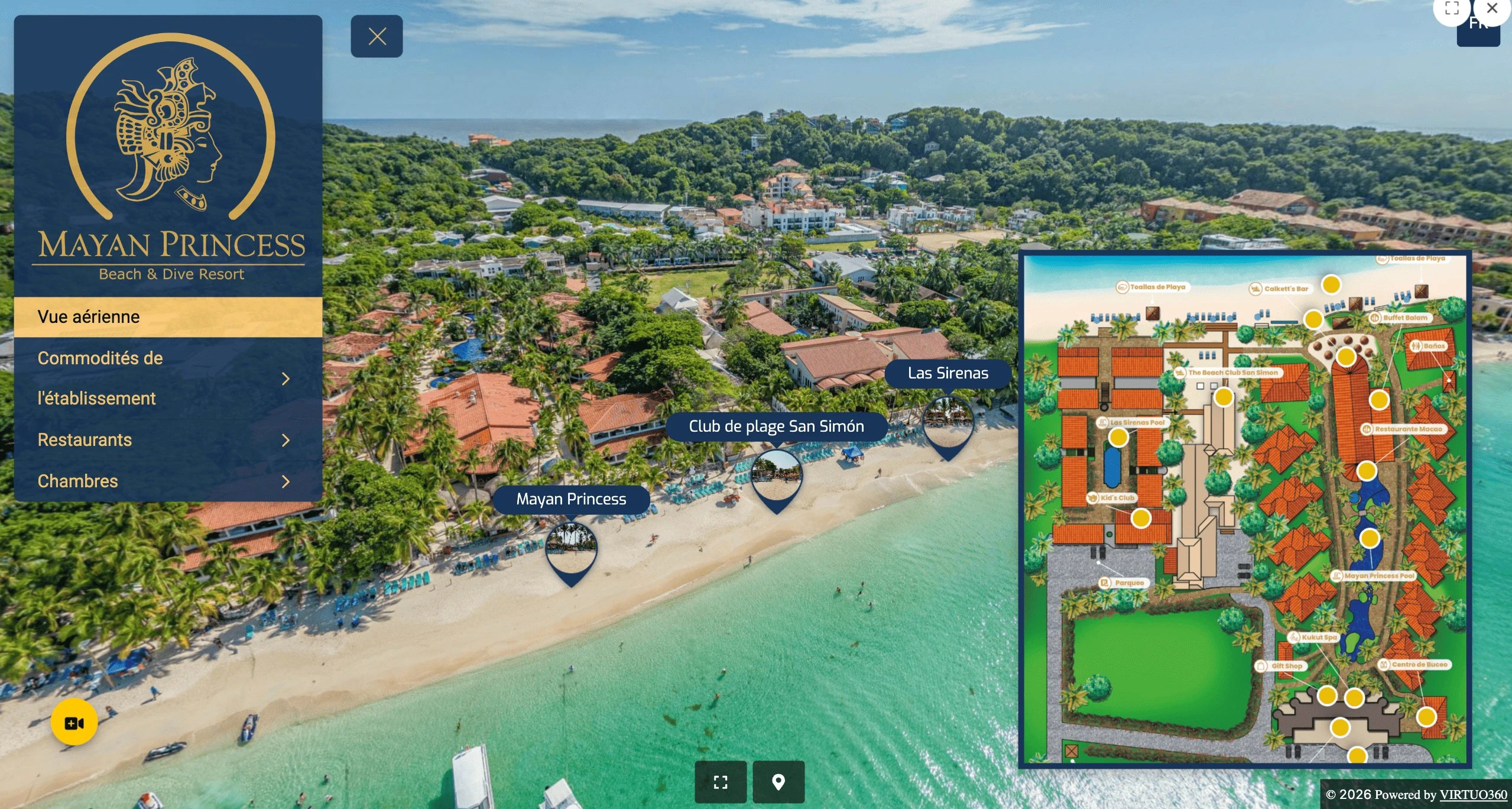 Aerial view of Mayan Princess Beach & Dive Resort showing sandy beach with umbrellas, palm trees, resort buildings, and an overlaid map of the resort layout on the right.