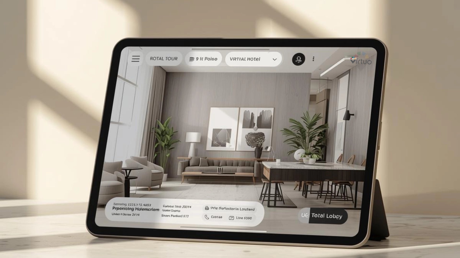 Tablet displaying a virtual tour interface showing a modern living room with sofa, plants, artwork, and dining table.