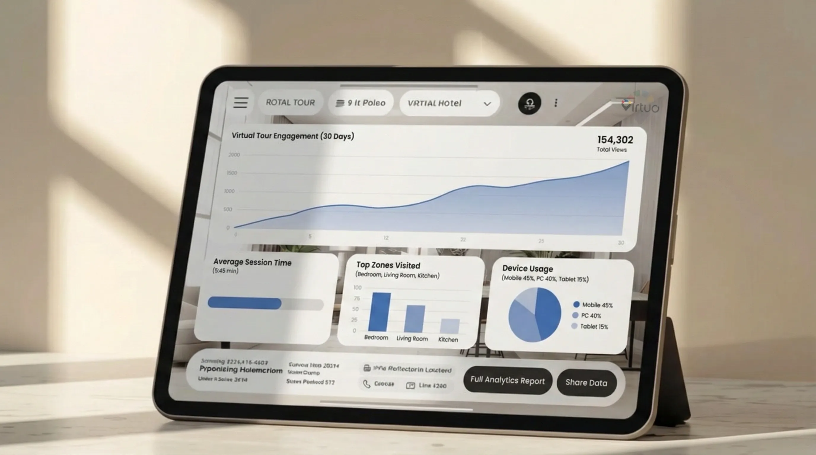 Tablet displaying a virtual tour of a modern living room with a gray sofa, armchairs, a dining table, and indoor plants.