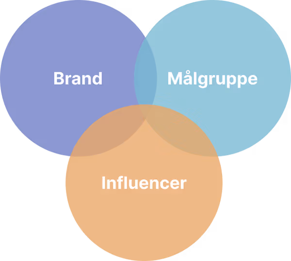 3 overlapping circles on different colors, with text saying Brand - Template Group - Influencer in Danish