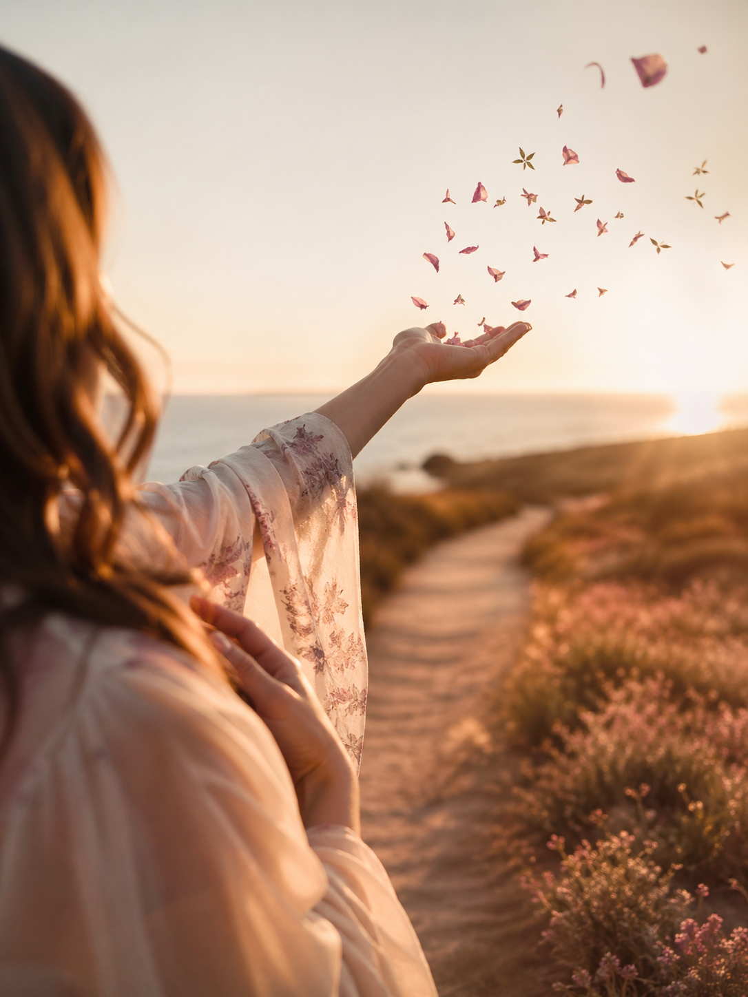 Woman with flowing floral sleeves releasing pink petals into the air at sunset on a coastal path.