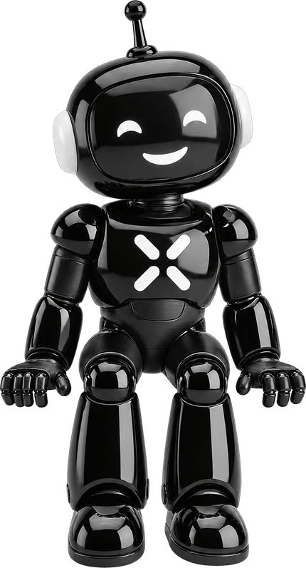 BLACK X support robot mascot sitting on the edge of the section