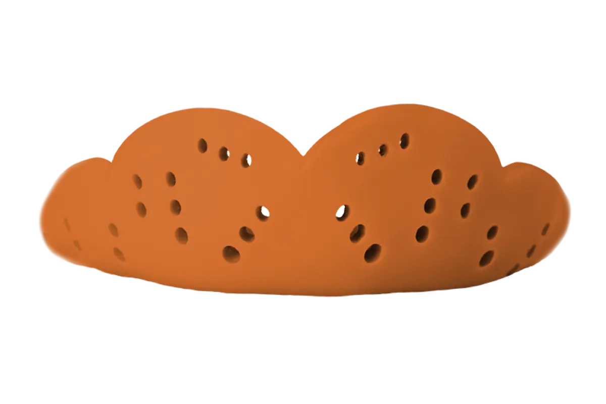 Orange protective finger guard with multiple ventilation holes, designed for athletic use.
