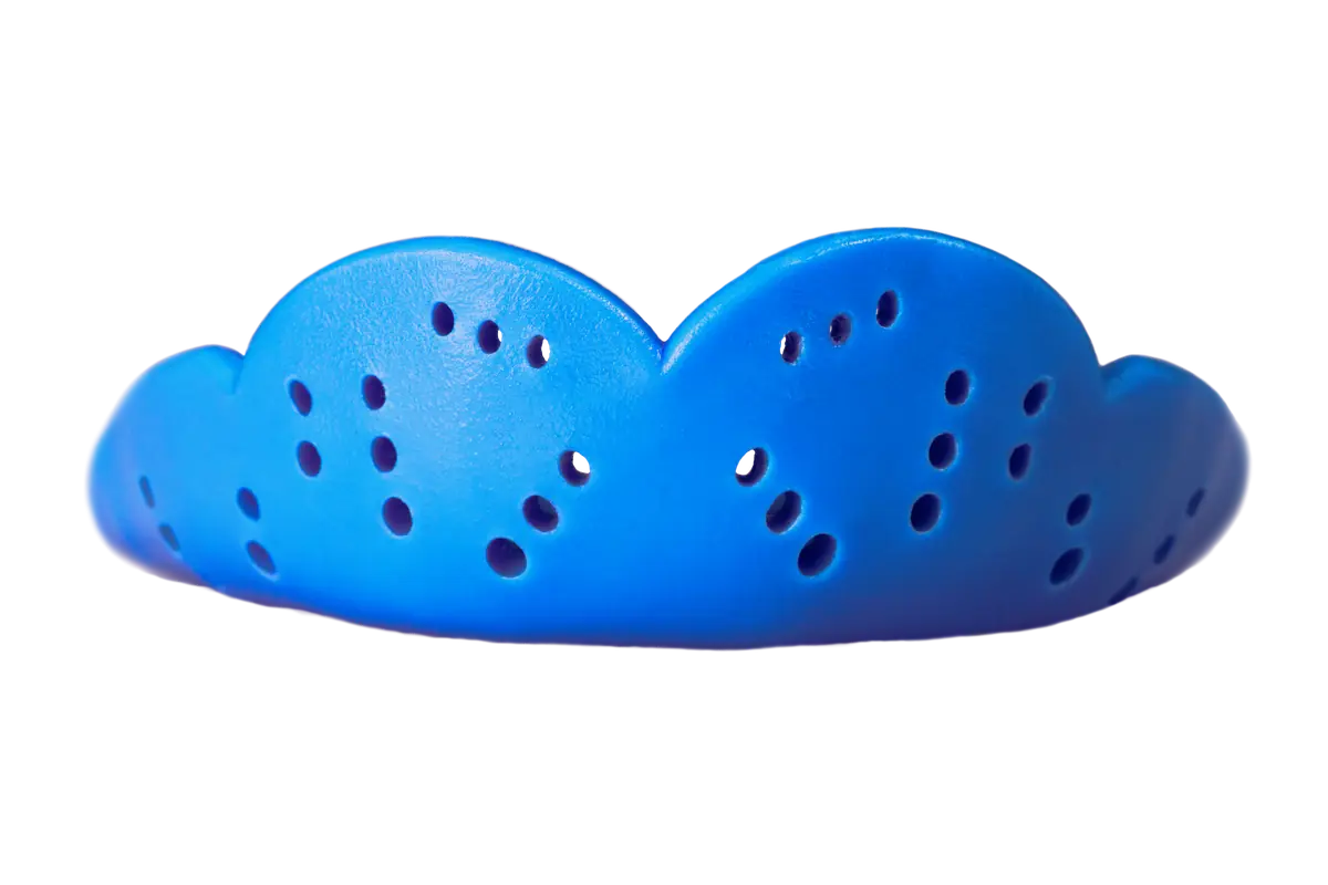 Blue mouthguard with ventilation holes and scalloped edges designed for sports protection.