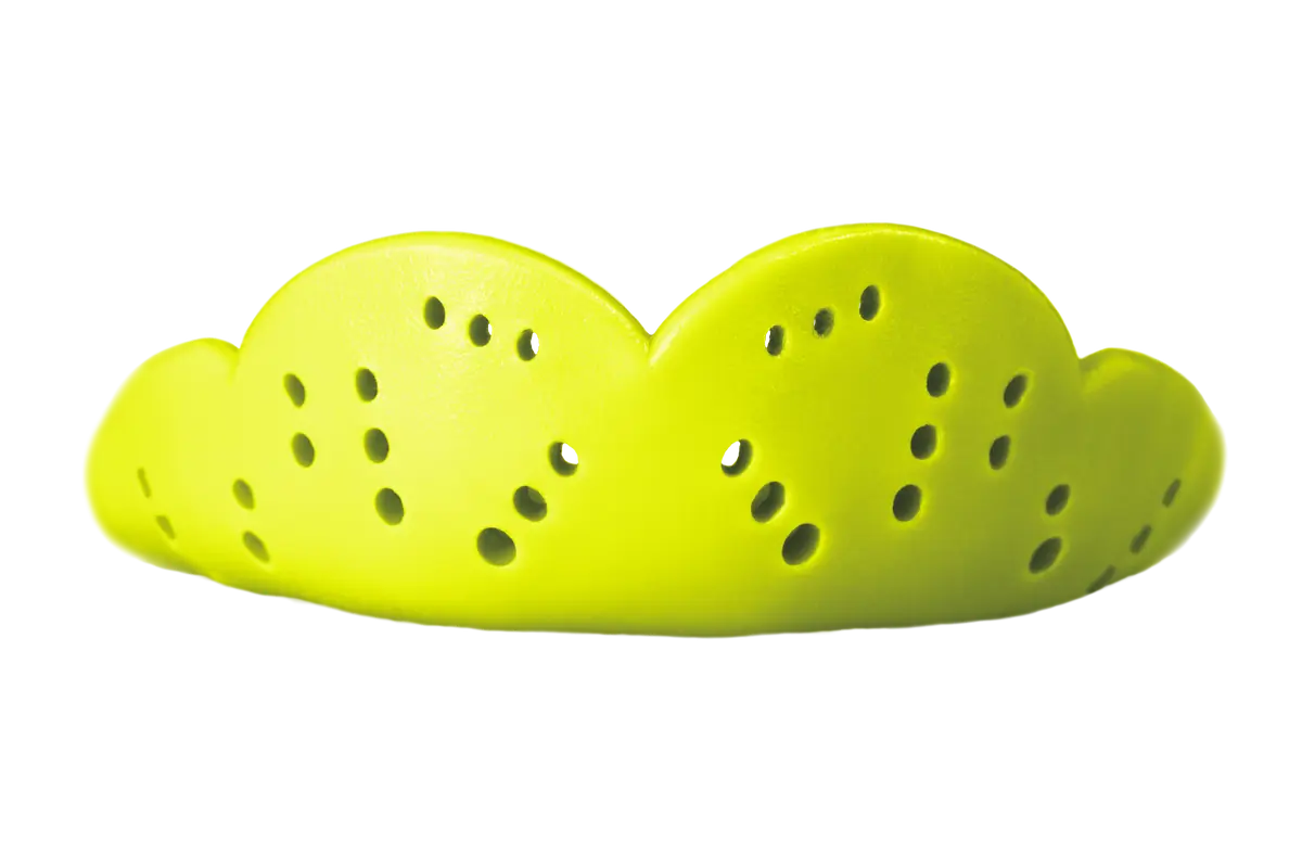 Bright yellow curved protective mouthguard with ventilation holes.