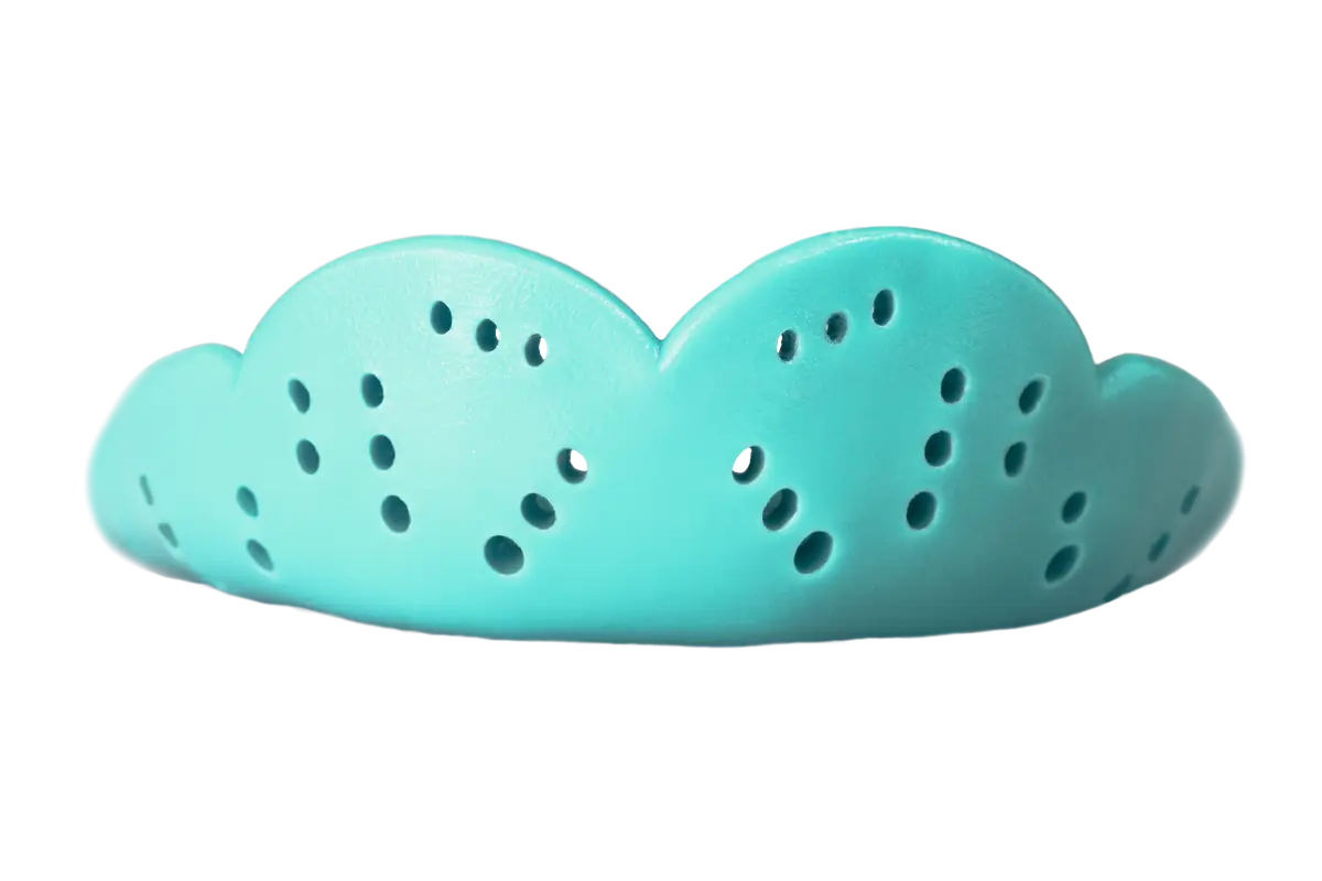 Turquoise silicone cloud-shaped soap dish with drainage holes.