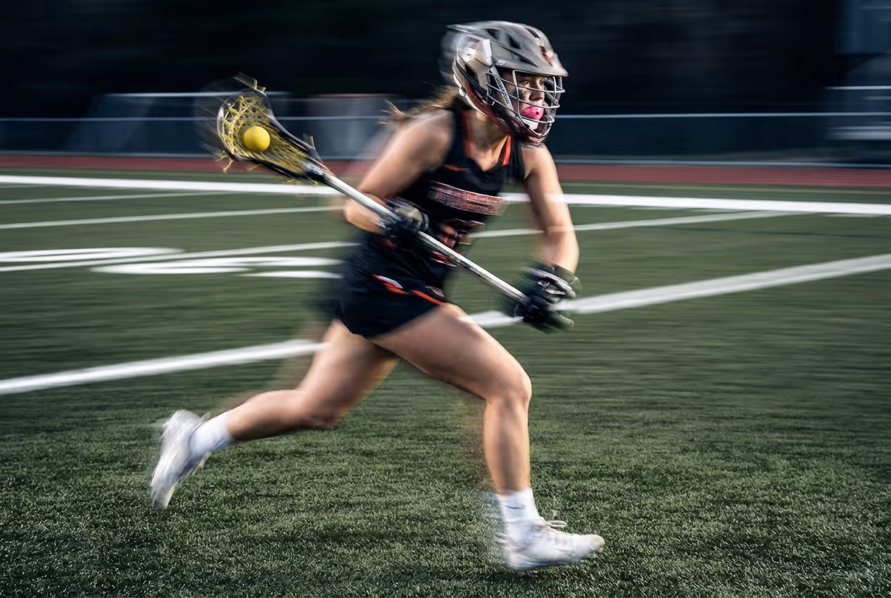 Female lacrosse player in black uniform running on turf field with a yellow ball in her stick.