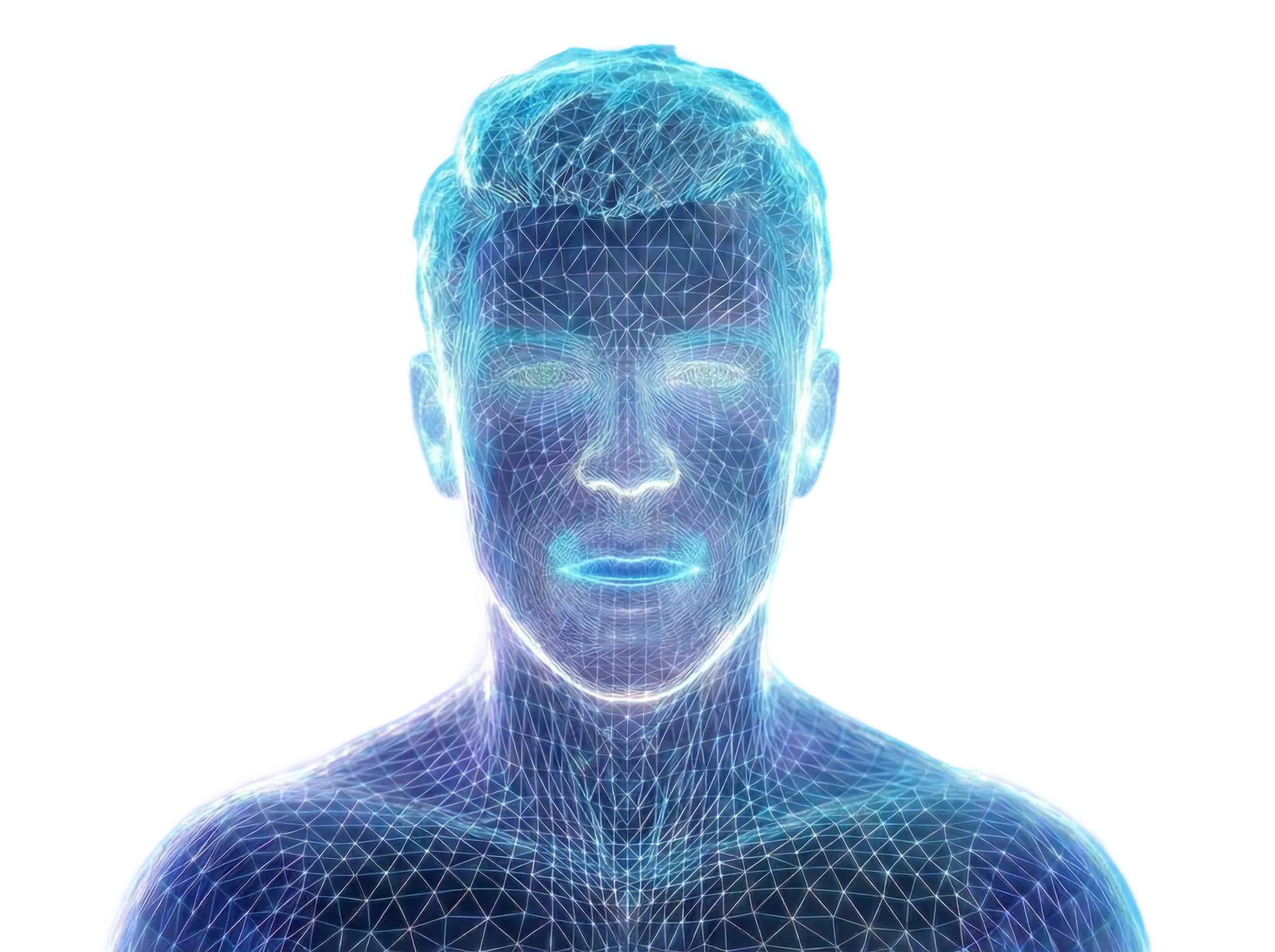 Blue wireframe digital human male bust with neon glow and geometric mesh lines on a black background.