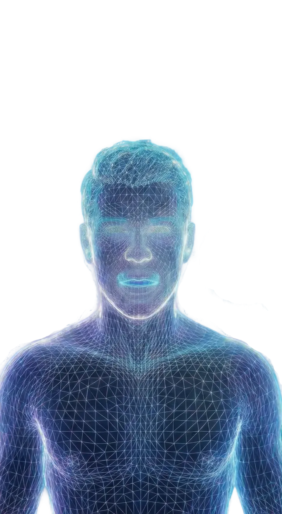 Blue wireframe digital human male bust with neon glow and geometric mesh lines on a black background.