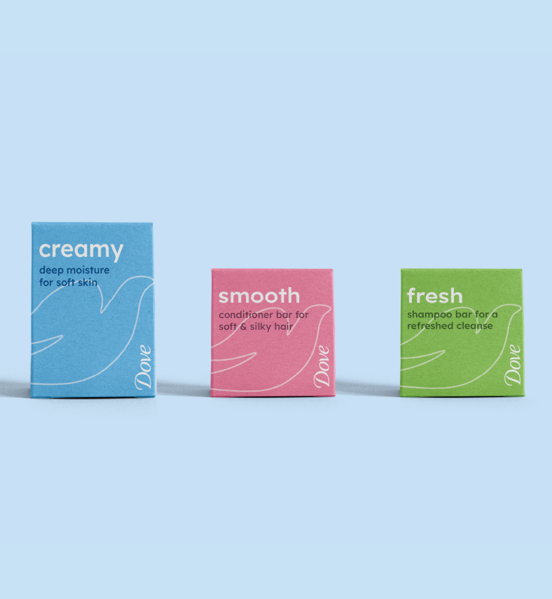 Fremsiden av emballasjedesignet til alle tre produktene i Dove easy bars serien.