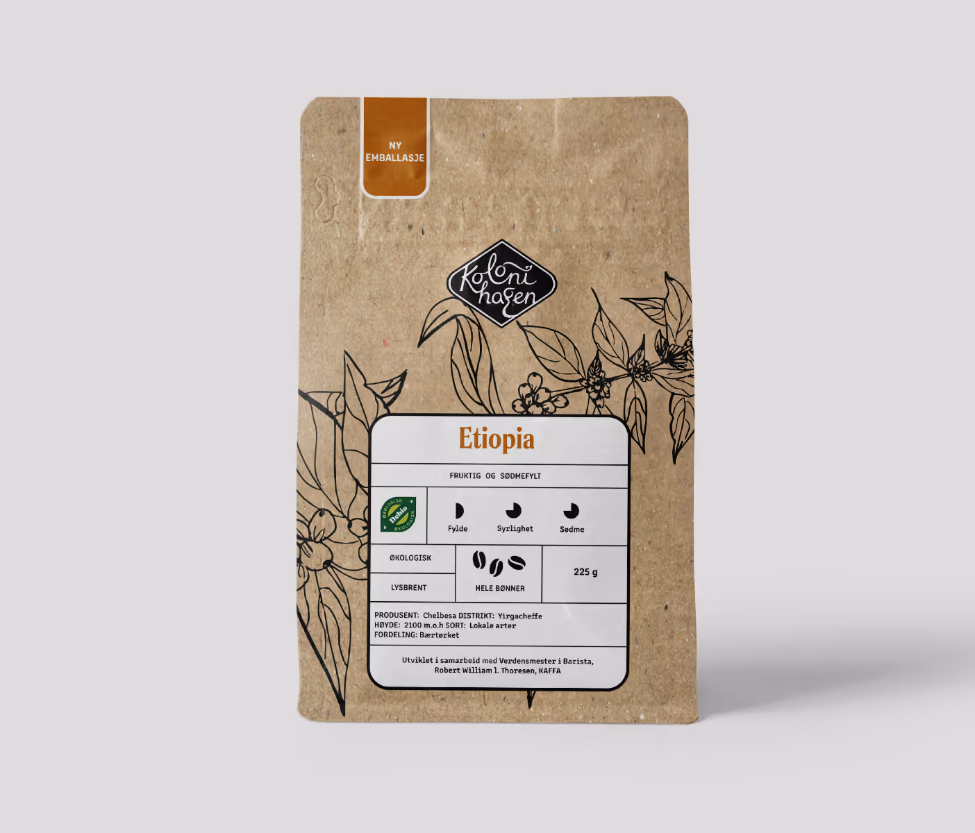 Bilde av kaffepose Kolonihagen, papirpose med kaffeplante på, kaffebønner fra Etiopia. Klikkbart bilde, linker til side for emballasjedesign