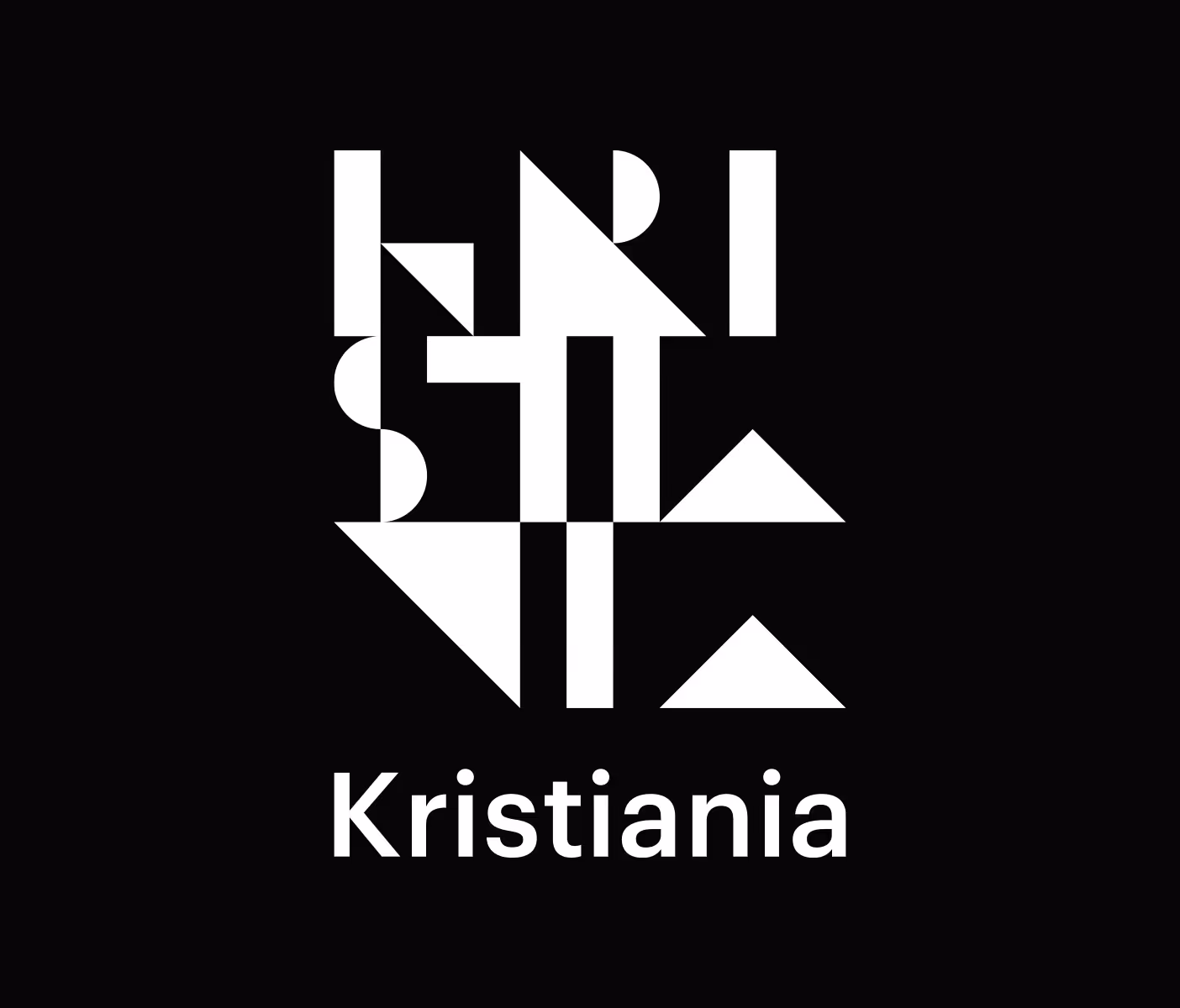 Kristiania logo, hvit på svart bakgrunn. Linker til side for inhouse grafisk design assistent arbeid