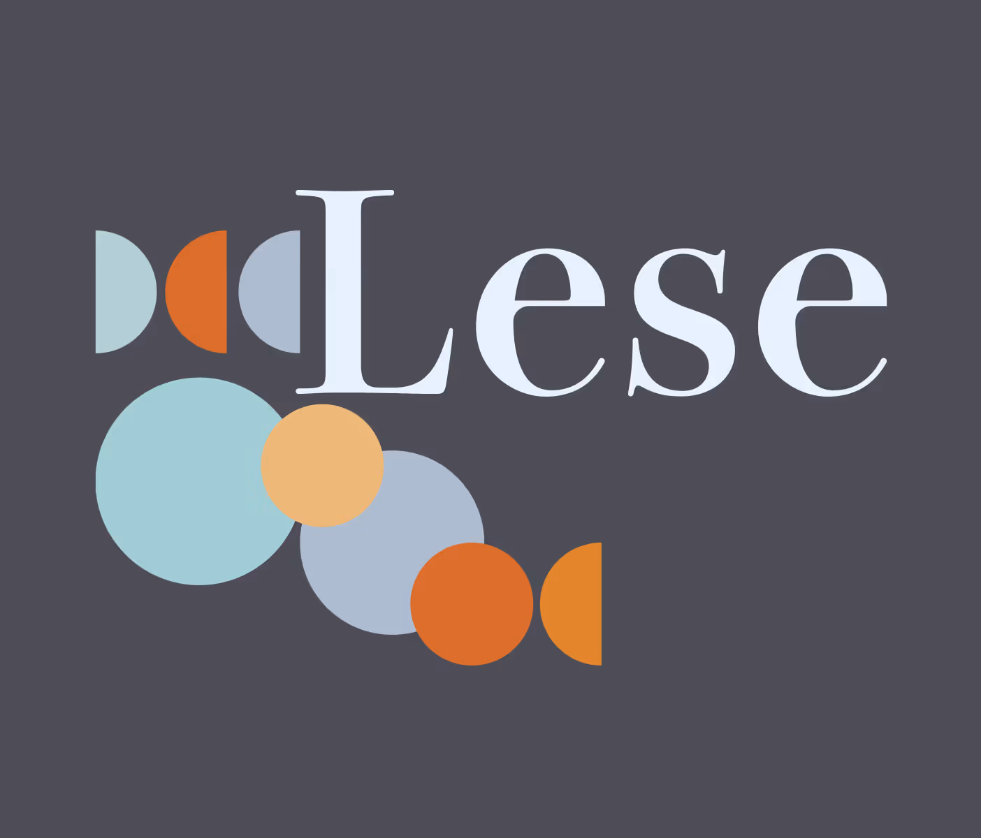 Logo for stiftelsen LESE, lys blå med grå bakgrunn, logoen har sirkler og halvsirkler under og vedsiden av tekst i orange, turkis, lysblå og gul. Klikkbart bilde, linker til produktside om identitet for Stiftelsen LESE