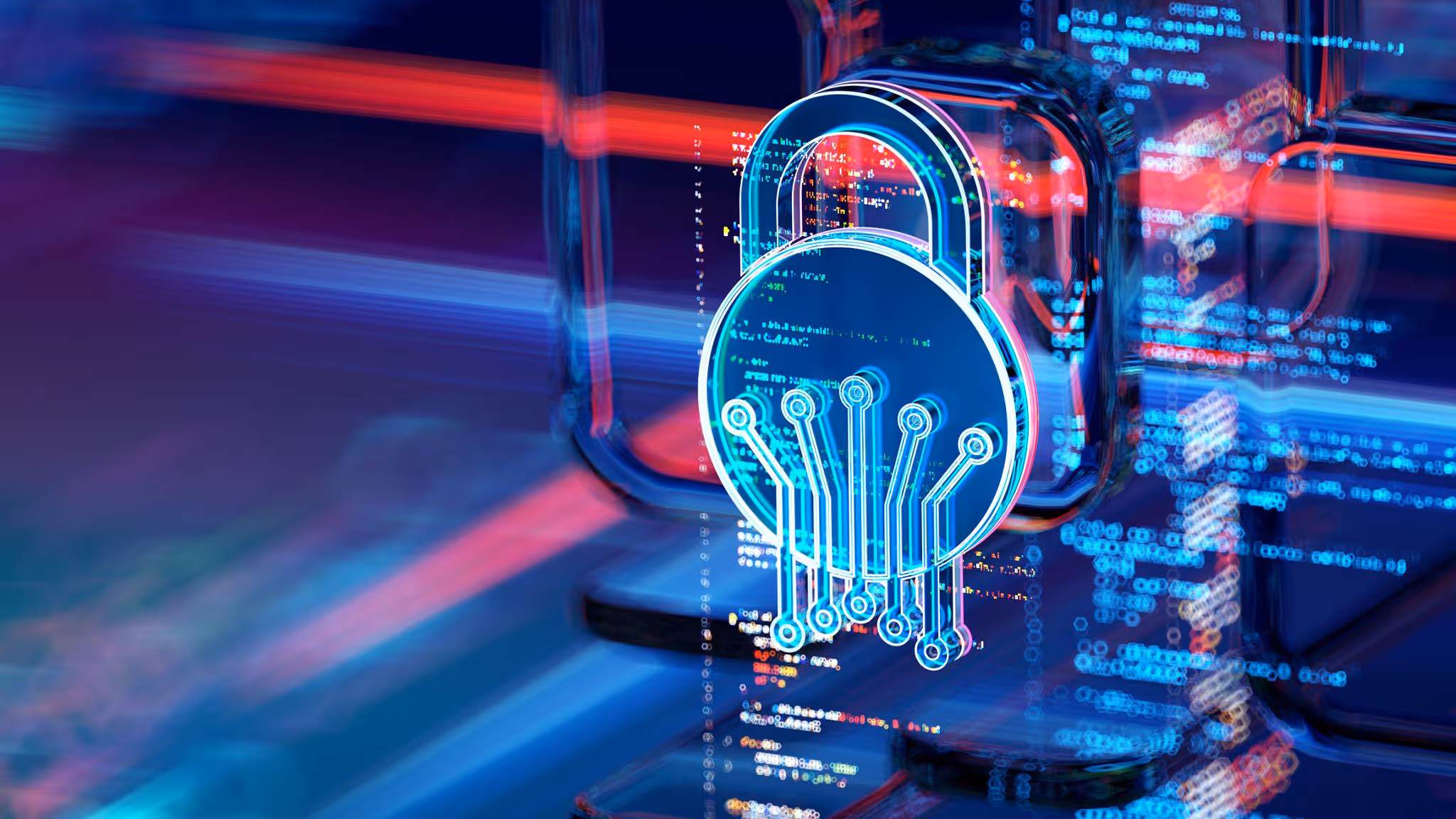 Digital padlock with circuit lines representing cybersecurity and data protection technology.