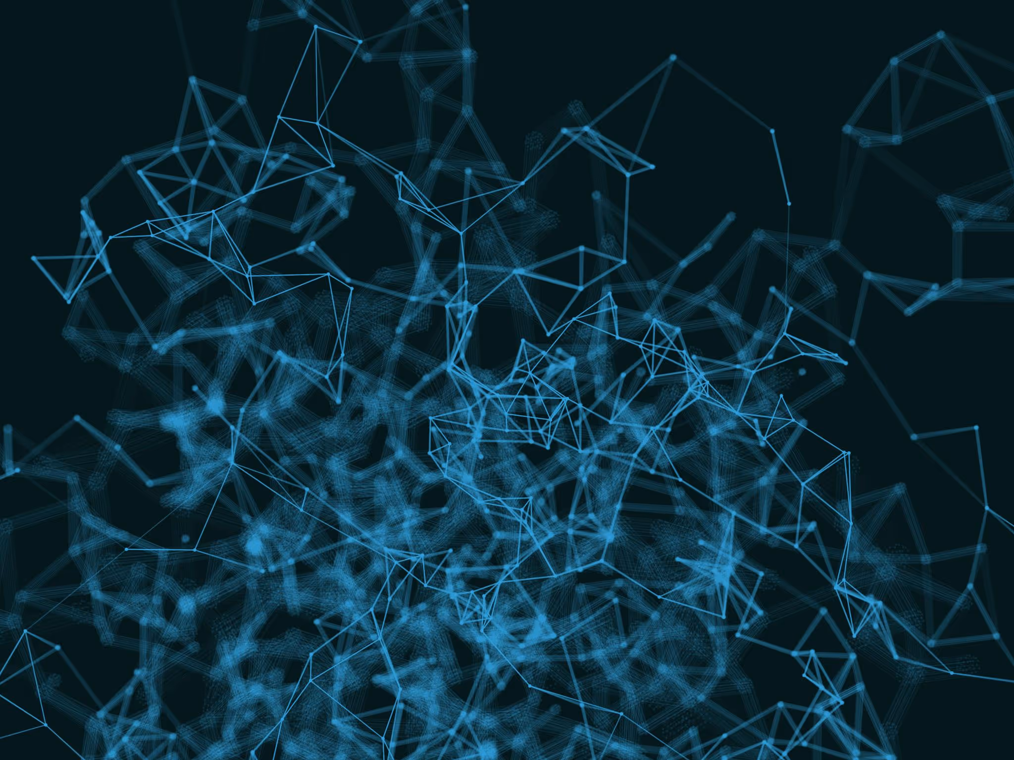 Abstract network of blue lines and dots forming interconnected geometric shapes on a dark background.